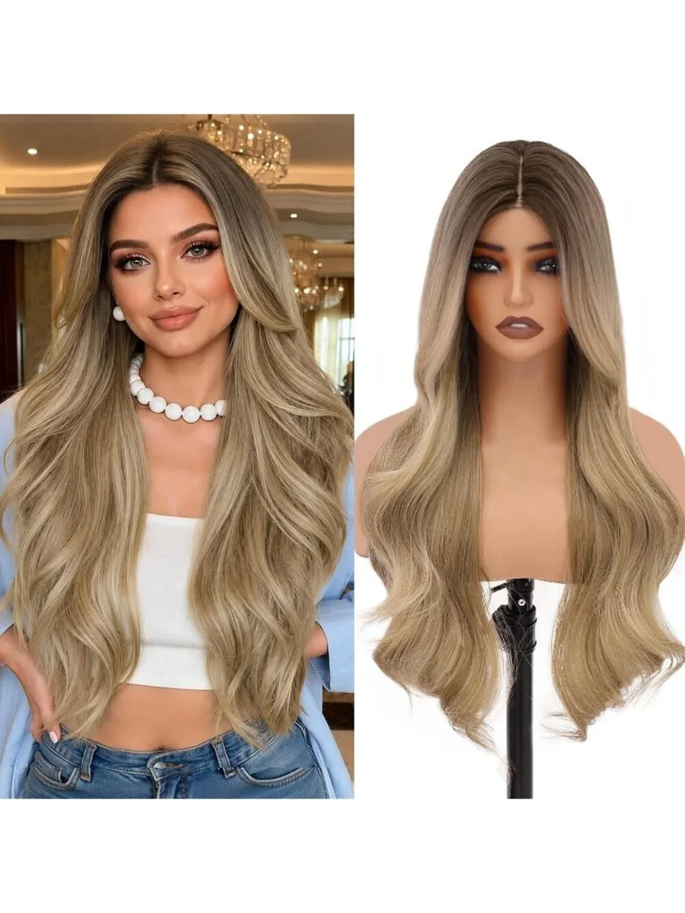 Women's 26 Inch Ash Blonde Long Wavy Synthetic Glue Less 4x4 Lace Front Wig